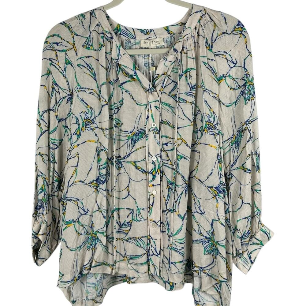 See U Soon Cream With Multicolor Floral Design Loose Fit Top Small